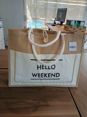 Hello Weekend Canvas & Jute Tote Bag - Neutral